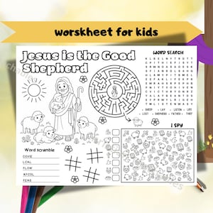 May include: Black and white worksheet for kids with the text "Jesus is the Good Shepherd." Includes a maze, word search, word scramble, and an "I Spy" game. Features illustrations of Jesus, sheep, and other religious symbols.
