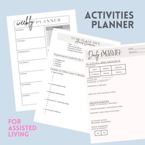 May include: A collection of white paper planners with black text, including a weekly planner, a year-at-a-glance overview, and a daily activity planner. The text "Activities Planner" is at the top. The phrase "For Assisted Living" is at the bottom.