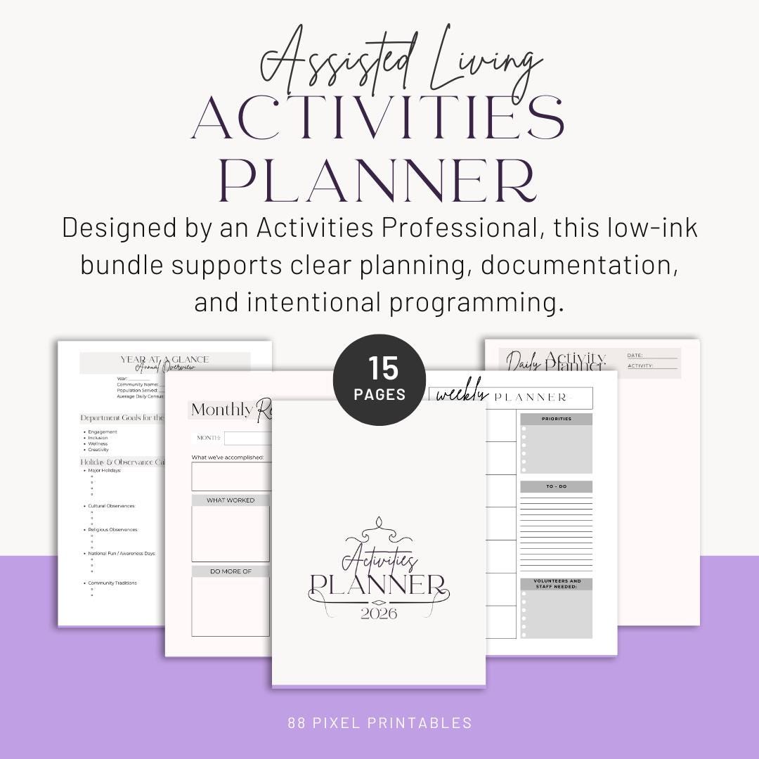 Senior Activities Planner LOW INK Printable for Assisted Living 15 Page ...