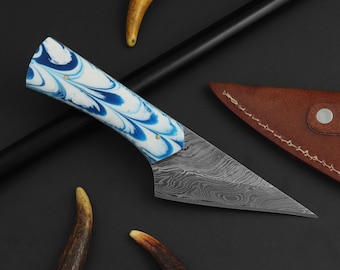 Cuchillo Kiridashi de acero de Damasco hecho a mano, cuchillo de bolsillo de caza y funda, regalo para él, cuchillos de EE. UU.
