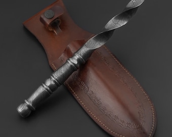 Daga de caza de acero de Damasco hecha a mano, bota, cuchillo Kris con funda de cuero, regalo para él