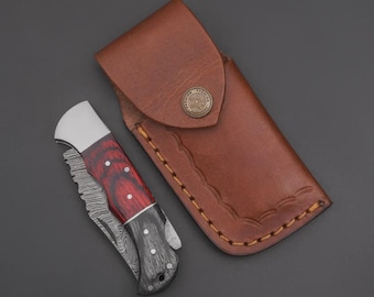 Navaja de bolsillo de Damasco hecha a mano con mango de madera, regalo para padrinos de boda, cuchillo plegable, regalo de cumpleaños