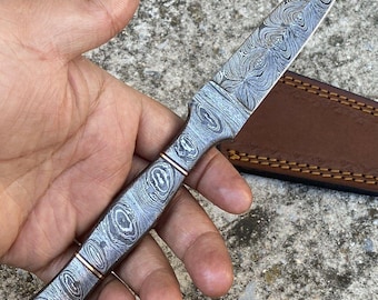 Daga de caza de doble filo de acero de Damasco hecha a mano con funda. Regalo para él.