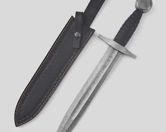 Espada vikinga corta de acero de Damasco hecha a mano con hoja de doble filo y funda.
