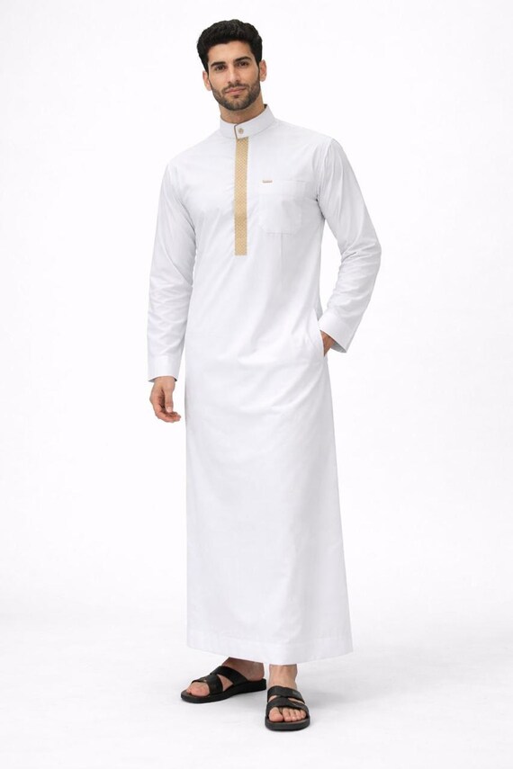 Men's White Thobe with Gold Detail | Modern Islamic Jubba Eid Outfit