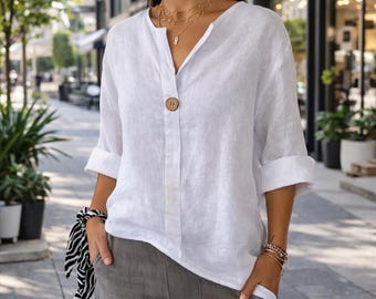 Blusa blanca con escote en V y tacto de lino: Top de verano de corte holgado, camisa de gasa ligera.