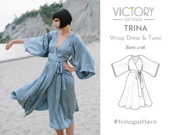 Wrap dress with kimono inspired sleeves | PDF Sewing Pattern