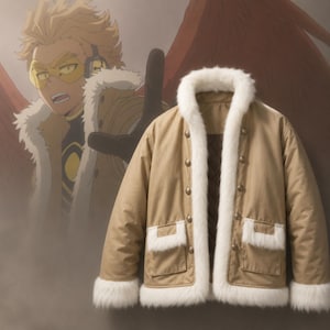 Könnte beinhalten: Beige Jacke mit weißem Kunstfellbesatz an Kragen, Manschetten und Vorderseite. Die Jacke hat goldene Knöpfe und zwei Vordertaschen mit weißer Einfassung. Im Hintergrund ein Anime-Charakter mit gelber Brille und roten Flügeln.