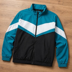 May include: A teal, white, and black zip-up jacket. The jacket has a high collar, a full-length zip, and two front pockets. The design includes a teal upper section, white chevron stripes, and a black lower section.