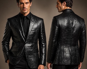 Blazer da uomo in pelle nera con texture effetto coccodrillo / giacca di lusso in pelle goffrata
