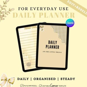May include: Two beige daily planners with black borders are displayed against a light yellow background. One planner is open, revealing lined pages, while the other features the text "DAILY PLANNER" and "IT'S THE LITTLE THINGS". The image includes the text "FOR EVERYDAY USE".