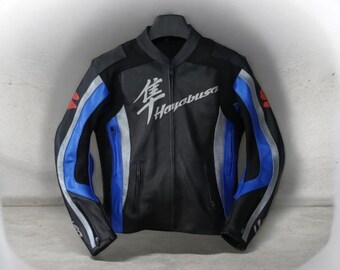 Chaqueta de cuero para motociclista WolfX WX Edition – Chaqueta de carreras profesional en negro mate, azul y plateado.
