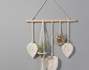 Handgemaakte macramé wandhanger, bladdecor met miniplanter, boho woondecoratie