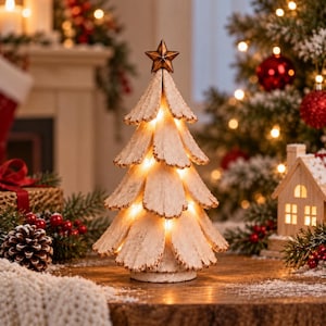 Puede incluir: Un árbol de Navidad decorativo de sobremesa hecho de piezas de madera clara superpuestas con un acabado de corteza texturizada. El árbol está iluminado por luces internas cálidas y rematado con una pequeña estrella de color bronce.
