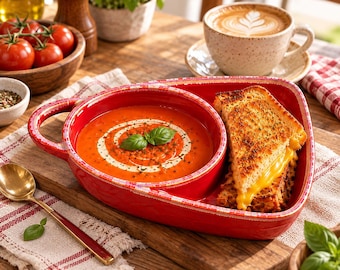Puede incluir: Un plato de servicio de cerámica roja que presenta una sección de cuenco circular llena de sopa de tomate cubierta con crema y albahaca, y un compartimento lateral con un sándwich de queso fundido y pan tostado.