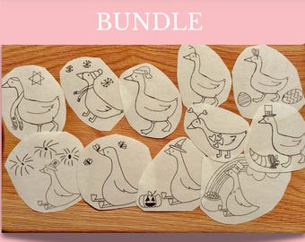 Bundel met zelfklevende borduurpatronen | 11 grappige seizoensontwerpen | In water oplosbare transfers voor beginners | Silly Goose