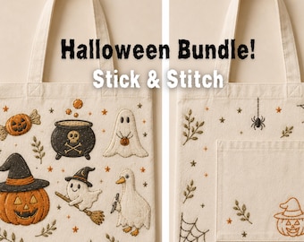 Halloween-stok-en-steekbundel | 6 borduurtransfers | Heks Ghost Pumpkin Cauldron Designs | Schil en plak | DIY-halloweenontwerpen