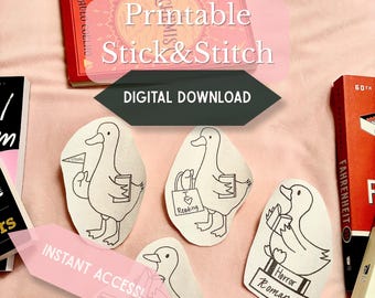 Borduurpatroon Book Lover | Plak- en steekoverdracht | Reading Goose-ontwerp | Boekachtig knutselcadeau | Digitale download