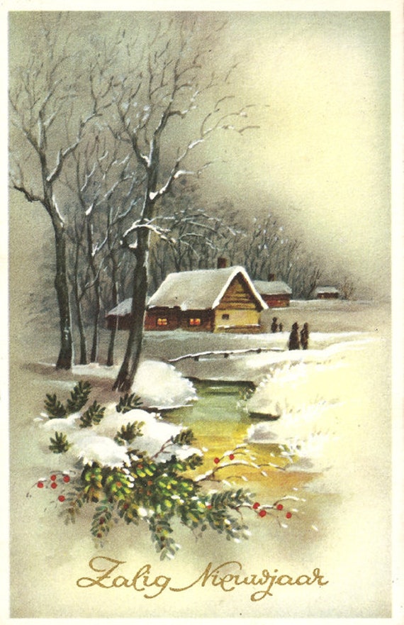 Items similar to Country Cottage Snow Scene Vintage Dutch Christmas ...