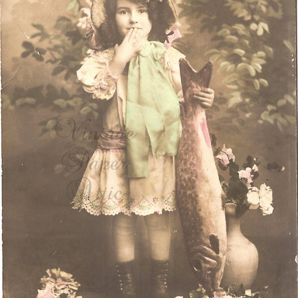 Antique French Postcard Adorable Little Girl with Big Pink Fish Tinted Photo Post Card from Vintage Paper Attic