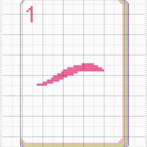 Pode incluir: Um padrão digital de ponto cruz sobre um fundo de grade branca, apresentando o número 1 em pixels cor-de-rosa no canto superior esquerdo. Uma linha curva de pixels cor-de-rosa situa-se no centro. A borda consiste em linhas finas de pixels cor-de-rosa, verdes e roxos.
