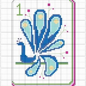 May include: A cross-stitch pattern on a grid featuring a stylized peacock with a blue body and light blue tail feathers with yellow centers. The number 1 is in green in the top left corner. The design includes thin green stems with small pink squares.