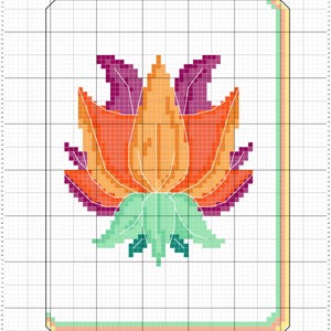 以下が含まれることがあります： オレンジ、紫、緑の色合いで描かれた、様式化された蓮の花のクロスステッチパターン。 花は白いグリッドの背景に配置され、パステルカラーのボーダーで縁取られています。 刺繍プロジェクトに適したデザインです。
