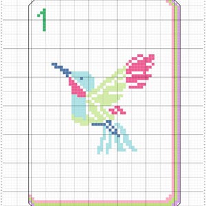 Pode incluir: Um padrão de ponto cruz numa grelha branca com um beija-flor estilizado em tons de azul claro, verde lima e rosa. O design inclui o número 1 a verde no canto superior esquerdo e uma borda decorativa em rosa, verde e roxo.