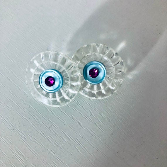 Button Earrings Posts Clear blue pink rhinestone … - image 3