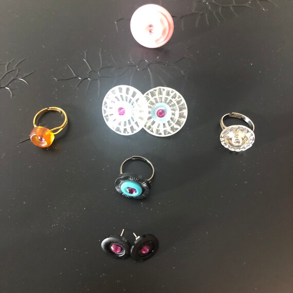 Button Earrings Posts Clear blue pink rhinestone … - image 6