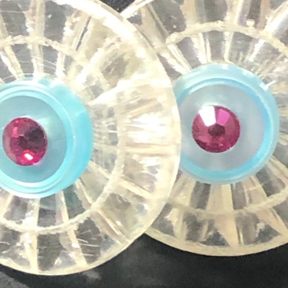 Button Earrings Posts Clear blue pink rhinestone … - image 1