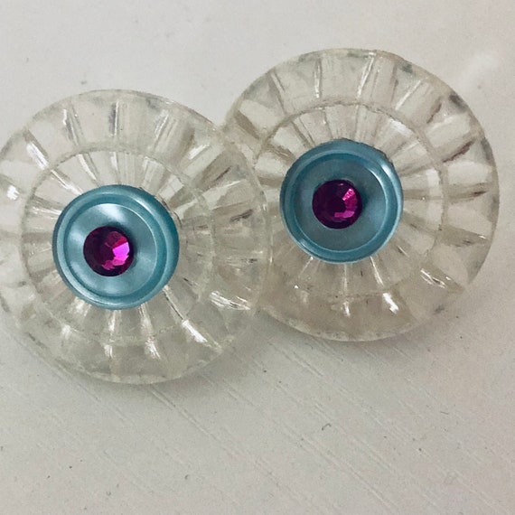 Button Earrings Posts Clear blue pink rhinestone … - image 2