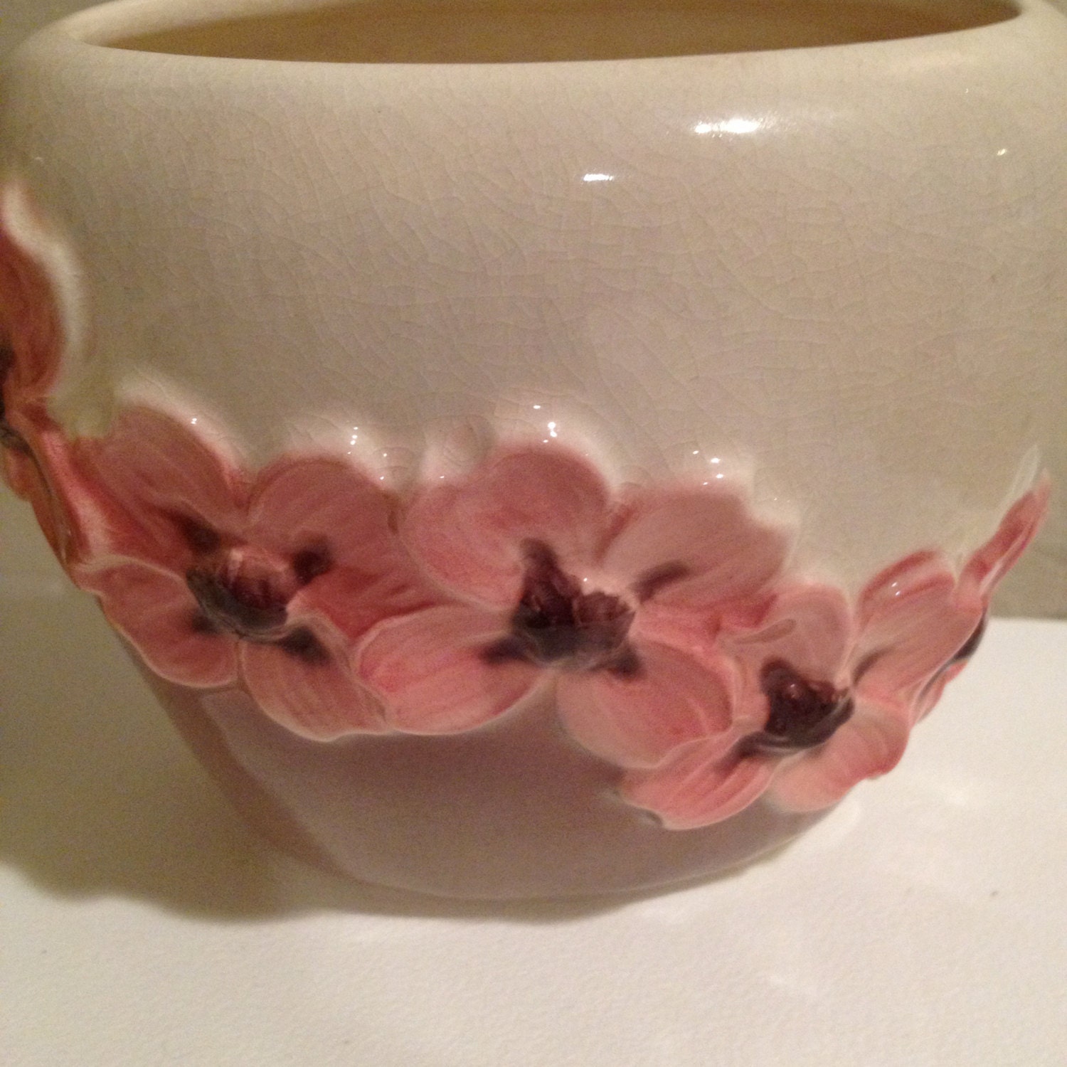 Mid Century Ceramic Vase Soft Pink Flowers Grey Cream Glazed Etsy