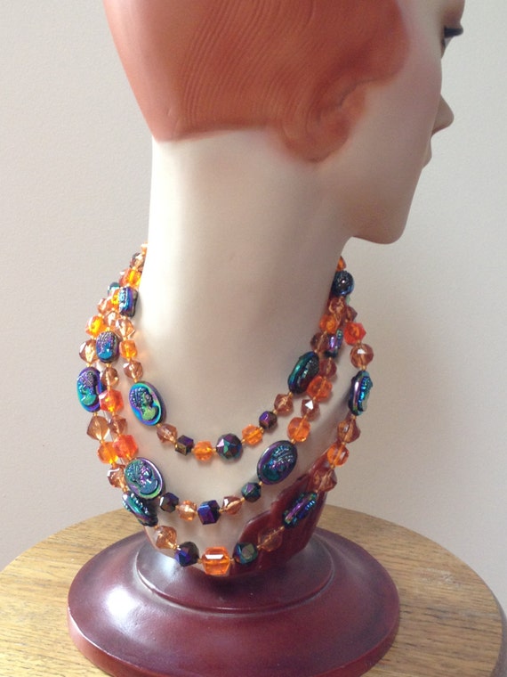 Cameo 3 Strand Plastic Faceted Beads Necklace West Germany Etsy