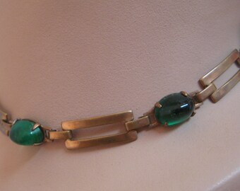 Vintage Brass Green Glass Necklace Deco look