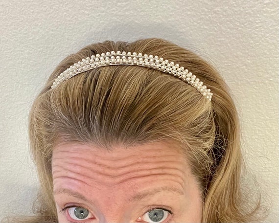 Vintage Tiara Metal Faux Pearl Headband Coronatio… - image 1