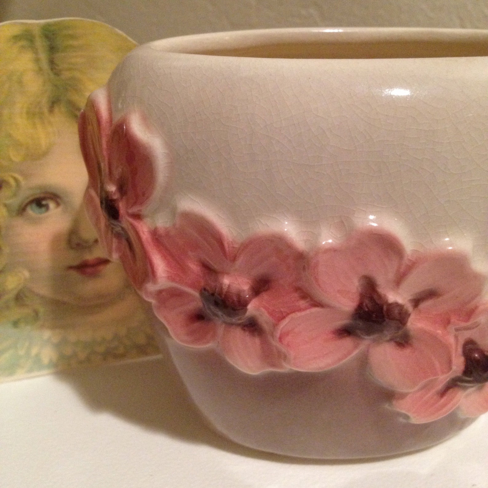 Mid Century Ceramic Vase Soft Pink Flowers Grey Cream Glazed Etsy