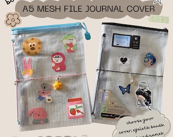 A5 Mesh File Journal Cover | Custom Handmade Planner Cover, Personalised Journal Pouch | Sticker & Charm Options