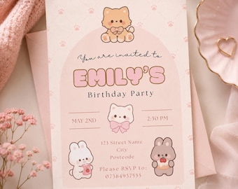 Invito di compleanno Kawaii, invito per festa in stile giapponese con gatti, inviti per la festeggiata (download digitale)