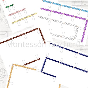May include: A collection of Montessori math materials, featuring colorful bead staircases and lines. The beads are arranged in various shapes and patterns, including straight lines and right angles. The image includes the text "MontessoriTeacher01".