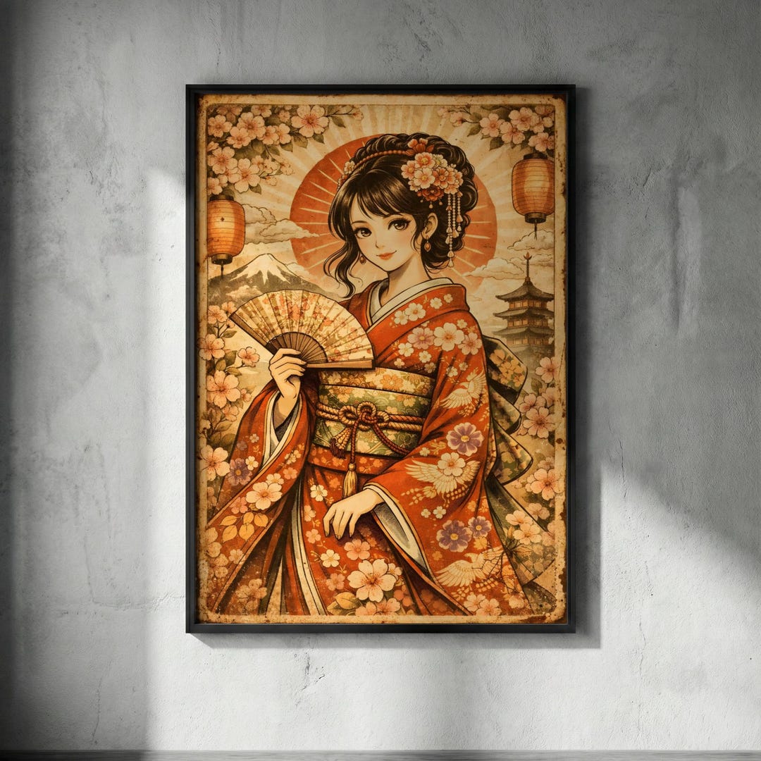 Vintage Japanese Geisha Anime Poster Art | Retro Fuji Mountain & Cherry ...