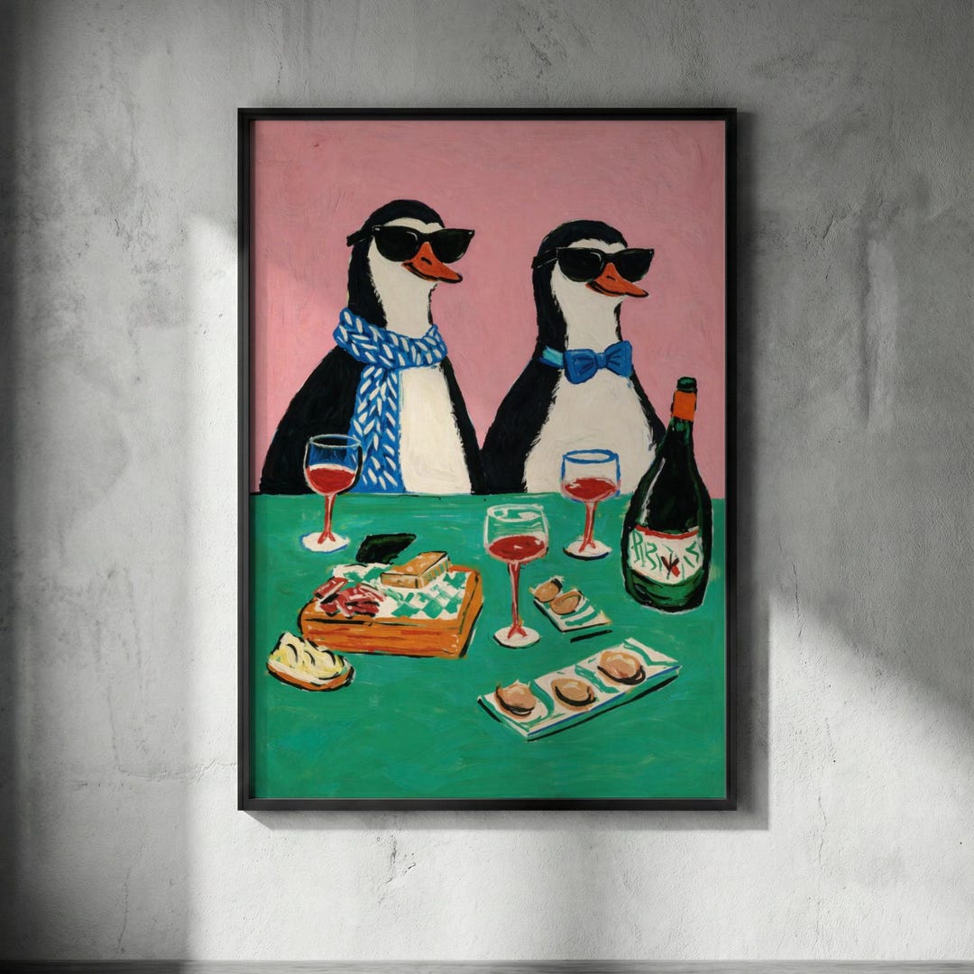 Chic Penguins Dining Poster – Quirky Animal Wall Art, Mid-century ...