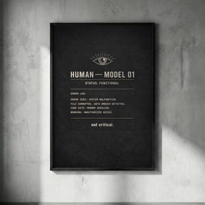 May include: Black framed art print with the text "HUMAN - MODEL 01" and an eye symbol. The print includes an error log with system malfunction and data breach warnings. The status is listed as functional, with a final note: "not critical."