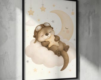 May include: A framed wall art print featuring a brown otter wearing aviator goggles, sleeping on a large white cloud. The otter holds a small yellow star against a background with a crescent moon, hanging stars, and small clouds in soft pastel tones.