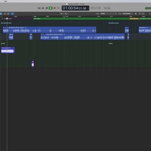 May include: Screenshot of a Logic Pro X podcast template interface. The screen displays audio tracks, editing tools, and a user guide with instructions for setting up and recording a podcast episode.