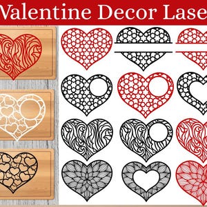 Könnte beinhalten: Text „Valentine Decor Laser“ über einer Sammlung lasergeschnittener Herzdesigns. Die Designs umfassen Herzen mit komplizierten Mustern, einige mit offenen Zentren und andere auf Holzschneidebrettern. Die Herzen sind in Rot, Weiß und Schwarz.