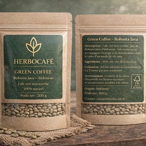 Peut inclure: Deux sachets en papier kraft de grains de café vert, étiquetés "HERBOCAFÉ GREEN COFFEE Robusta Java - Indonésie." Chaque sachet a une fenêtre transparente montrant les grains et une étiquette vert foncé. Le poids net est de 200 g.
