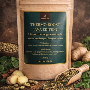 Peut inclure: Un sachet en papier brun de thé "Thermo Boost Java Edition" avec une étiquette vert foncé. L'étiquette comprend du texte en français et les ingrédients. Une cuillère en bois contient des feuilles de thé, avec du gingembre et d'autres ingrédients.