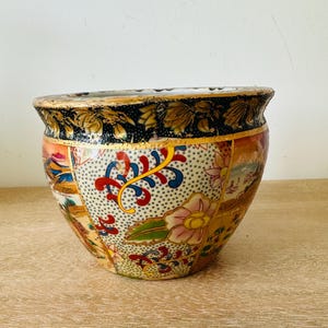 Vintage Satsuma Style Fishbowl Planter | Hand Painted Asian Geisha Scene Jardiniere Decor | Small 5" x 6" Chinoiserie Cachepot Pot Gold Trim