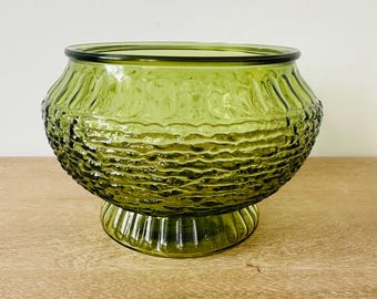 Vintage Napco Avocado Green Textured Glass Planter Vase | Mid Century Modern Ribbed Footed Bowl | Cleveland Ohio